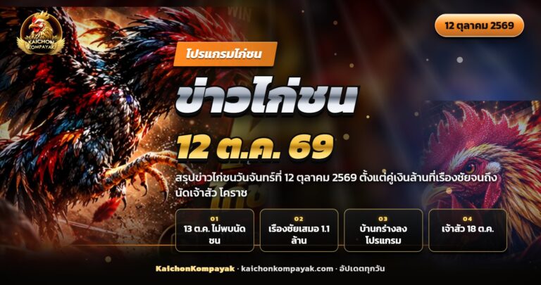 ไก่ชนสองตัวยืนเผชิญหน้าในสังเวียน ประกอบข่าวไก่ชน 12 ตุลาคม 2569