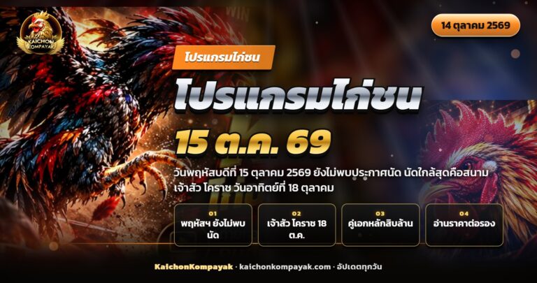 ไก่ชนไทยสองตัวยืนเผชิญหน้าในสังเวียน ภาพปกโปรแกรมไก่ชน 15 ตุลาคม 2569