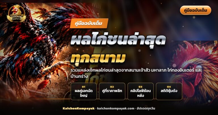 ไก่ชนสองตัวยืนหันหน้าเข้าหากันในสังเวียน ประกอบบทความผลไก่ชนล่าสุด